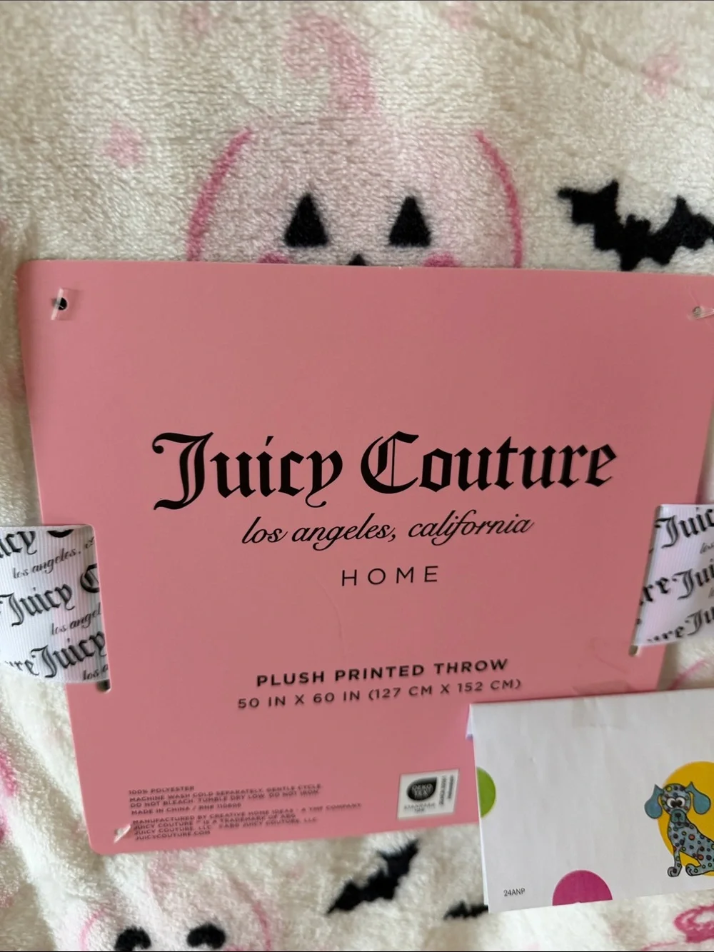 Juicy Couture Halloween  White Plush Throw with Pink Pumpkin & Black Bat Motifs